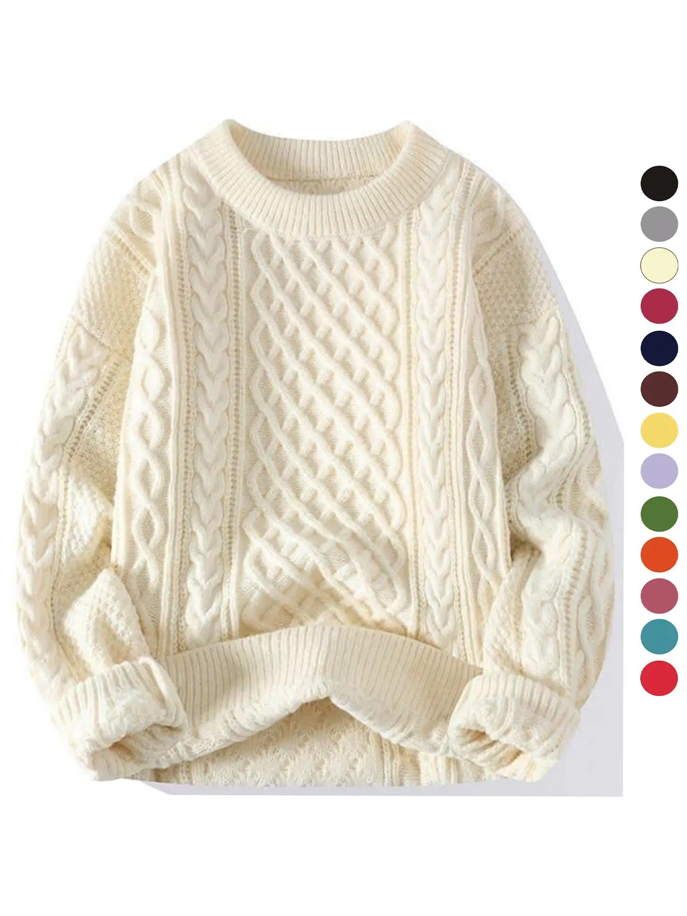 Women's Solid Textured Cable Knit Sweater, Casual Drop Shoulder Long Sleeve Round Neck Jumper for Fall & Winter, Ladies' Knitwear for Daily Wear