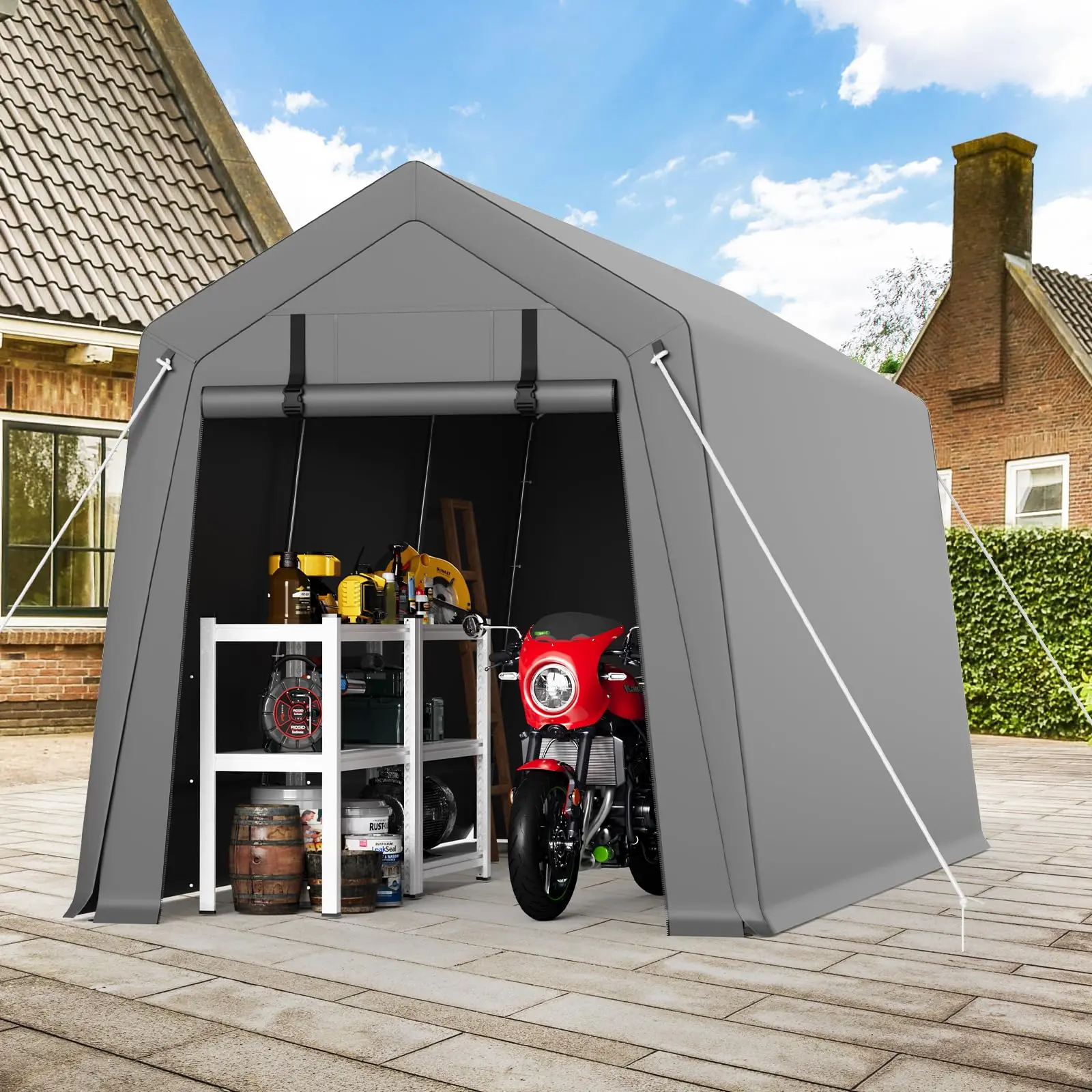 GARVEE 7'x10' Outdoor Portable Waterproof Garden Shed, Weatherproof Metal Garage Shelter with 2 Roll-Up Zipper Doors, UV-Resistant Anti-Snow Carport Tent for Motorcycle & Outdoor Equipment, Gray, Weatherproof Metal Shed