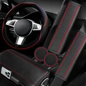 NBTEPEM 6 PCS Car Steering Wheel Cover Set, Microfiber Leather Steering Wheel Covers Universal 14.5-15 inch, Center Console Cover, Seat Belt Cushion, Cup Holder Coaster, Car Accessories Set Red