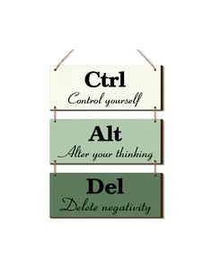 Qunclay 3 Pcs Office Wall Decor Green Wood Rustic Hanging Cubicle Decor Summer Inspirational Ctrl Alt Del Sign Decoration for Bathroom Indoor Home Living Room