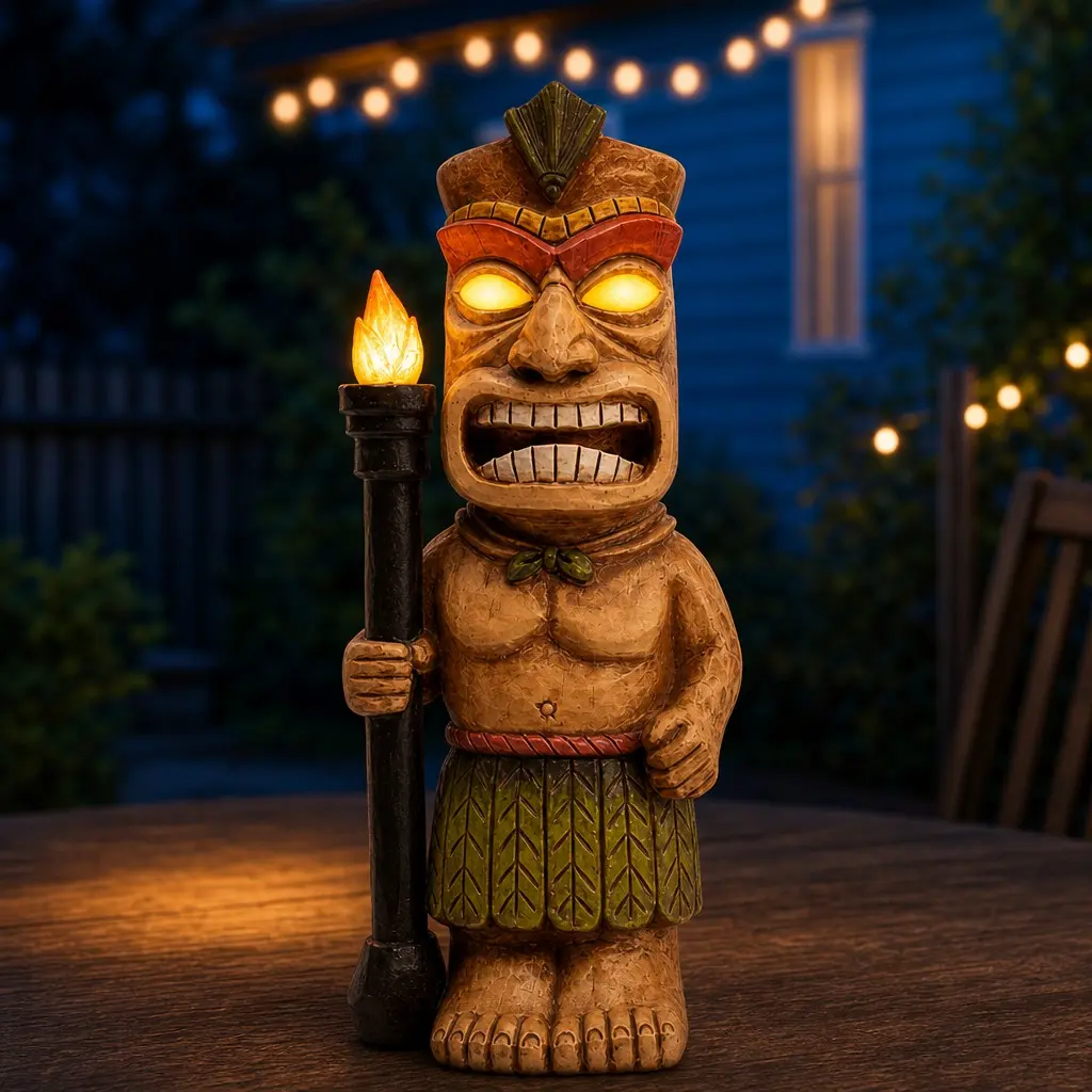 3D Solar-Powered Tiki Statue Figures with 3D Festive Detail, ABS-Enhanced Holiday Decor Home Supplies, Porch Garden & Patio Decorative Pieces for Tiki Bar Gifting