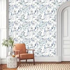 Boho Watercolor Blue Leaf Botanical Wallpaper, Removable Peel and Stick, Self Adhesive, Home Wall Decor, Bedroom Living Room Nursery