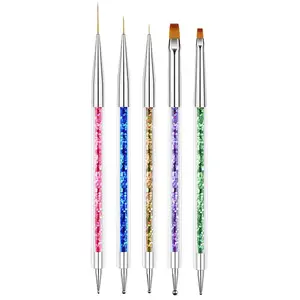 Nail Art Brushes 5pcs Double-Ended Acrylic Nail Brush Set with 7/9/11mm Liner Brushes Flat Brushes & Dotting Tools for Manicure Design