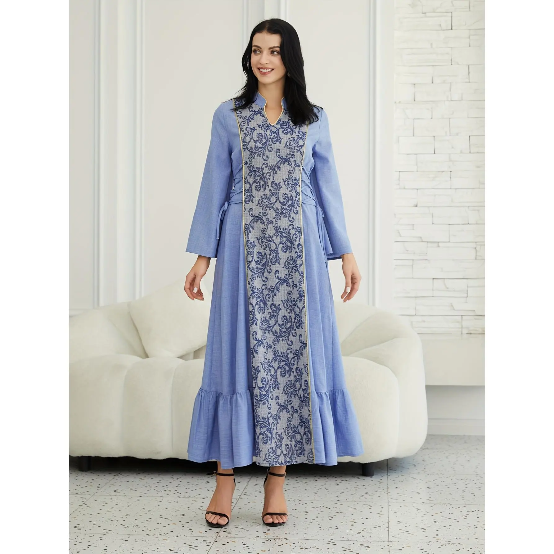 Women's Kaftan Dress in Tribal Print Polyester, Elegant Middle Eastern Gown with High Neck and Ruffled Hem