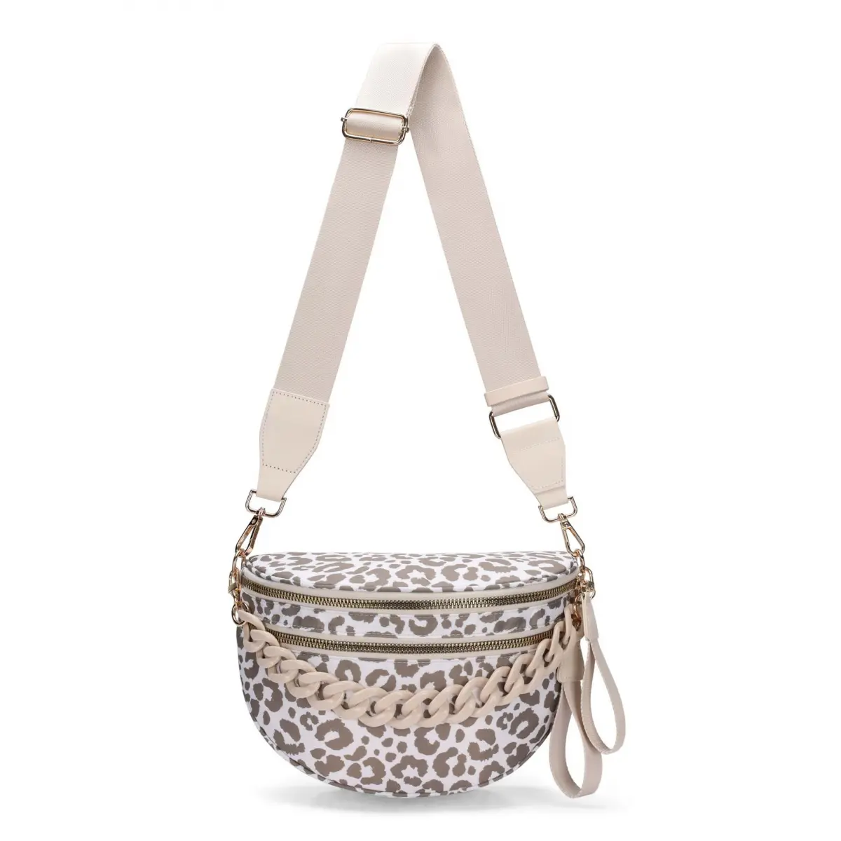 Nylon waterproof crossbody bag; multifunctional large-capacity wallet; adjustable wide shoulder strap + chain accessory; shell-shaped handbag; women’s leopard-print shoulder bag; portable outdoor backpack; vintage multi-layer zippered closure; waist/hip b