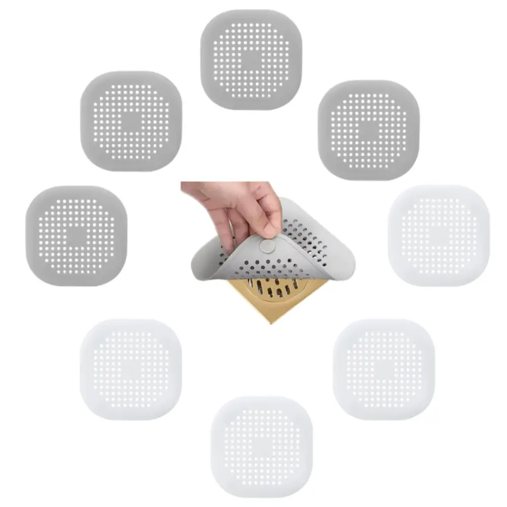 8-Pack Square Shape Silicone Hair Stopper, Drain Protector for Shower Sink & Kitchen Bathroom Drain Cover Accessories