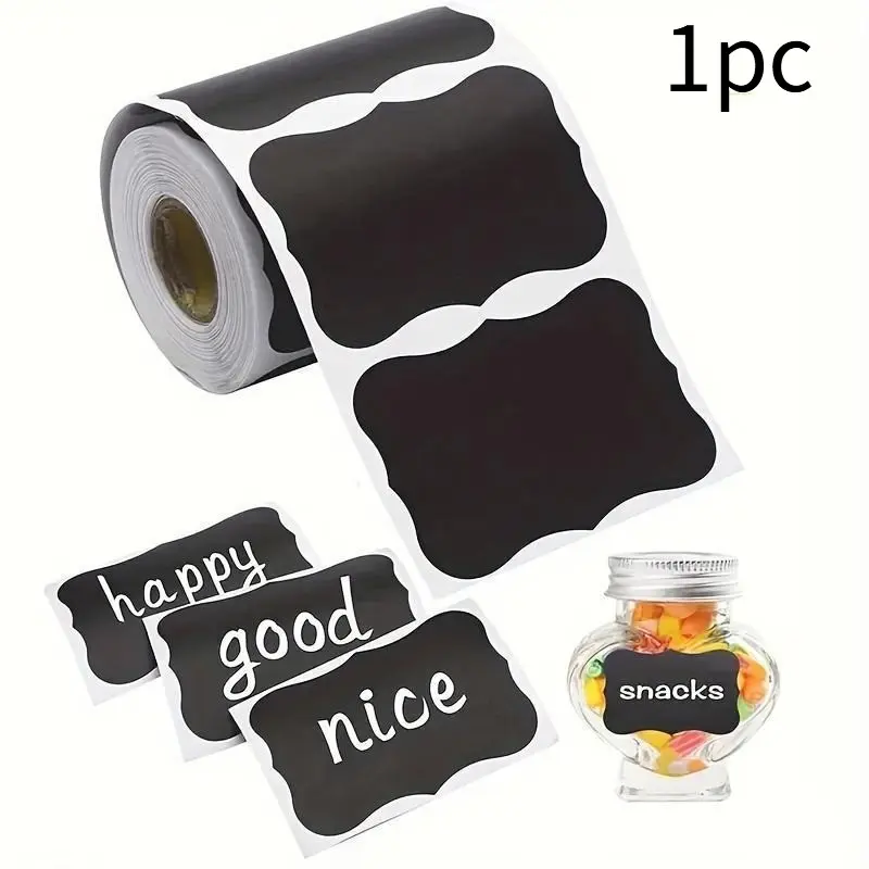 1 Roll of 120 Black Reusable Waterproof Label Stickers with Pen, Pantry labels for containers, Wavy Kitchen Utensil Room Tags for Containers, Jars, Spices and Food, Self Adhesive Labels