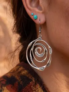 Western Spiral Dangle Earrings for Women - Vintage Silver Tribal Swirl Drop Earrings with Etched Details - Bohemian Style Zinc Alloy Jewelry for Cowgirl Fashion & Daily Wear - Chunky Dangle Earrings