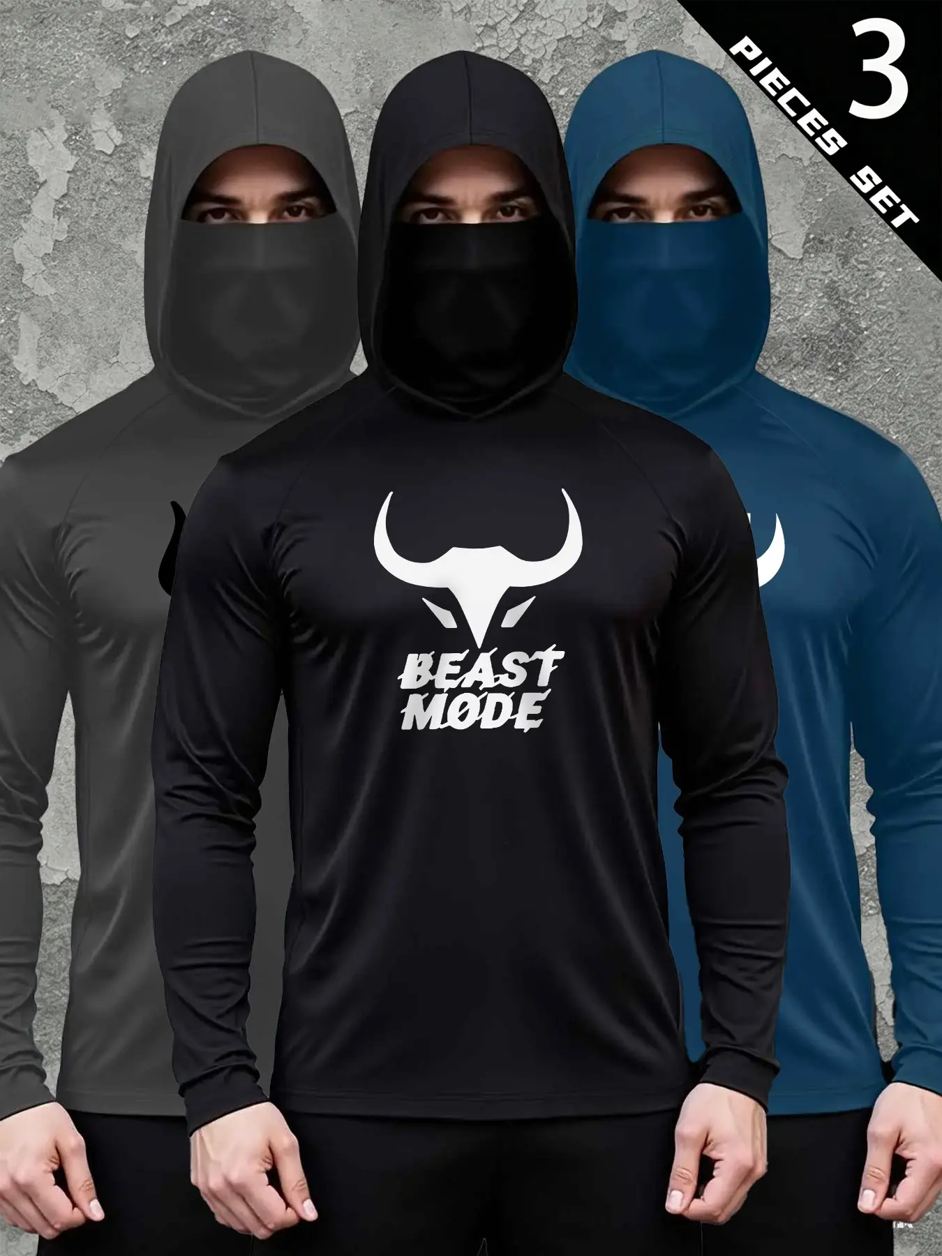 3 Pack Mens Beast Mode Bull Print Hooded Compression Shirts, Quick Dry Face Mask Gym Tops, Athletic Workout Wear, Training Shirt, Fitness Apparel #springsaledeals2026 #gymwear #mensfitness #workout
