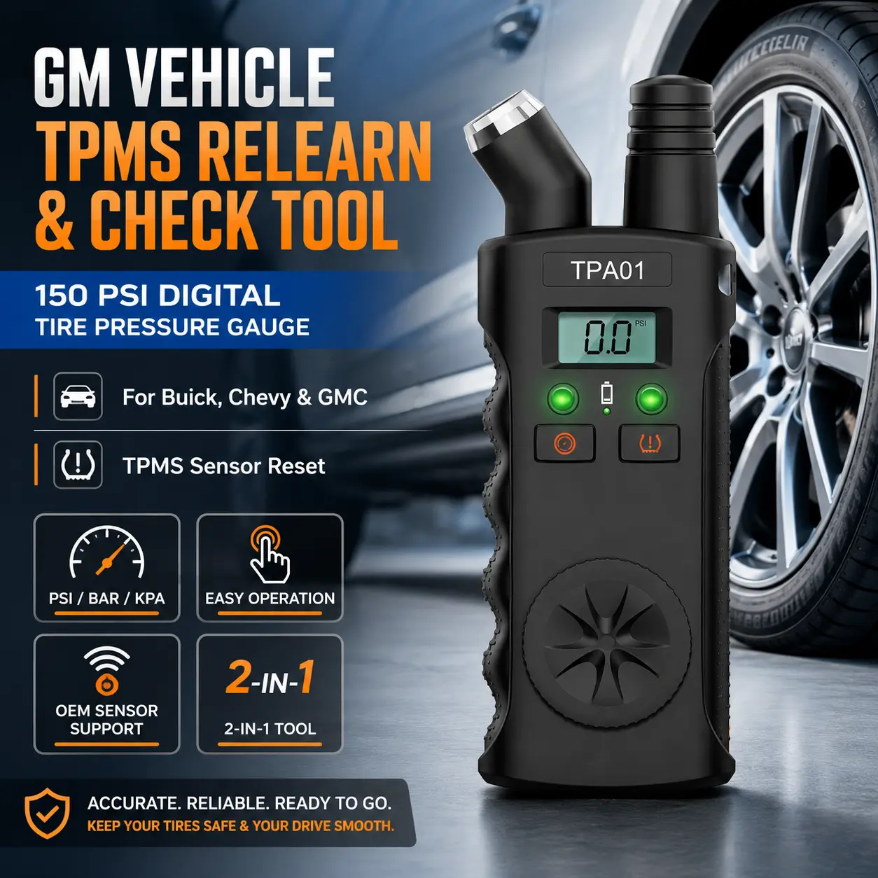 GM Vehicle TPMS Relearn & Check Tool with 150 PSI/Bar/KPA Digital Tire Pressure Monitoring Gauge, Car Repair Tool for Buick, Chevy, GMC Tire Sensor Reset