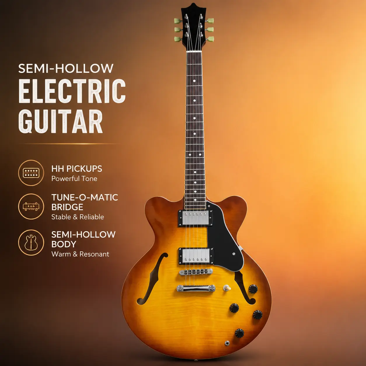 Semi-Hollow Body Electric Guitar,Tune-O-Matic bridge, Flamed Maple Sunset Burst Jazz Guitar with HH Humbucker Pickups, F Hole Archtop Guitar for Blues Rock Jazz Beginner Professional Music Performance