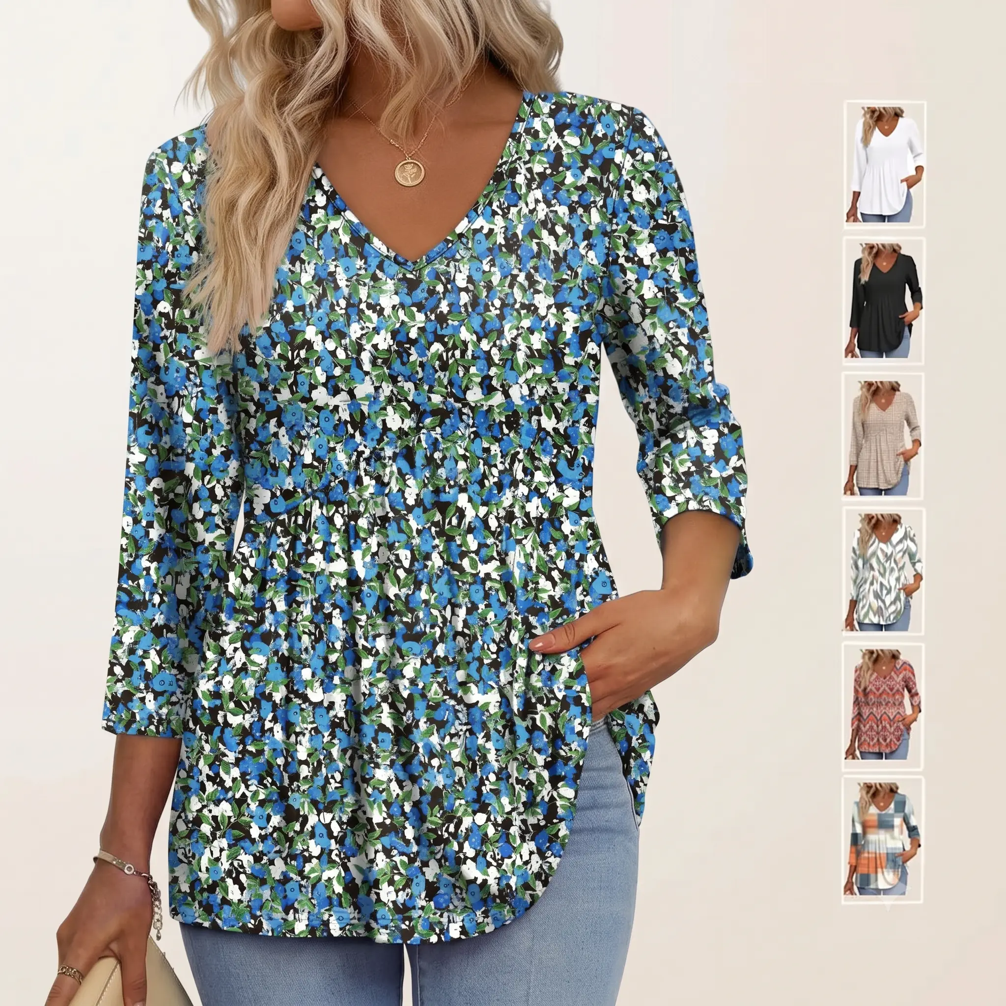 Casual V Neck Peplum Tunic Top for Women 3/4 Sleeve Babydoll Blouse Flowy Shirt