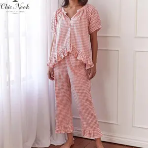 Women’s 2 Piece Pajama Set Short Sleeve Plaid Print Button Up Shirt + Ruffle Pants Set Sleepwear Loungewear