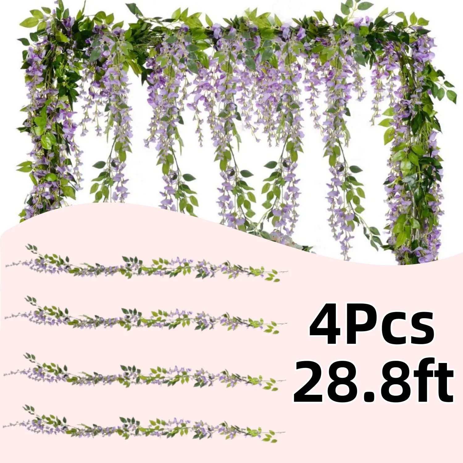 4Pcs Eco-Friendly Faux Silk Wisteria Vine Garland - 28.8 ft Total Plastic Ornaments, Handmade Look Decoration for Wedding Arch, Home Improvement Wall/Table Hanging Decor, Faux Flower Garland