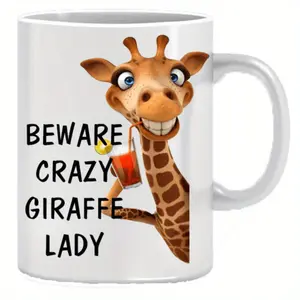 Beware of The Crazy Giraffe Lady 11 Oz Ceramic Mug - Featuring a Quirky Design with a Vibrant Cartoon Giraffe, Dishwasher Safe And, Perfect for Coffee Lovers, Ideal for Birthdays, Holidays, Thanksgiving, And Christmas Gifts