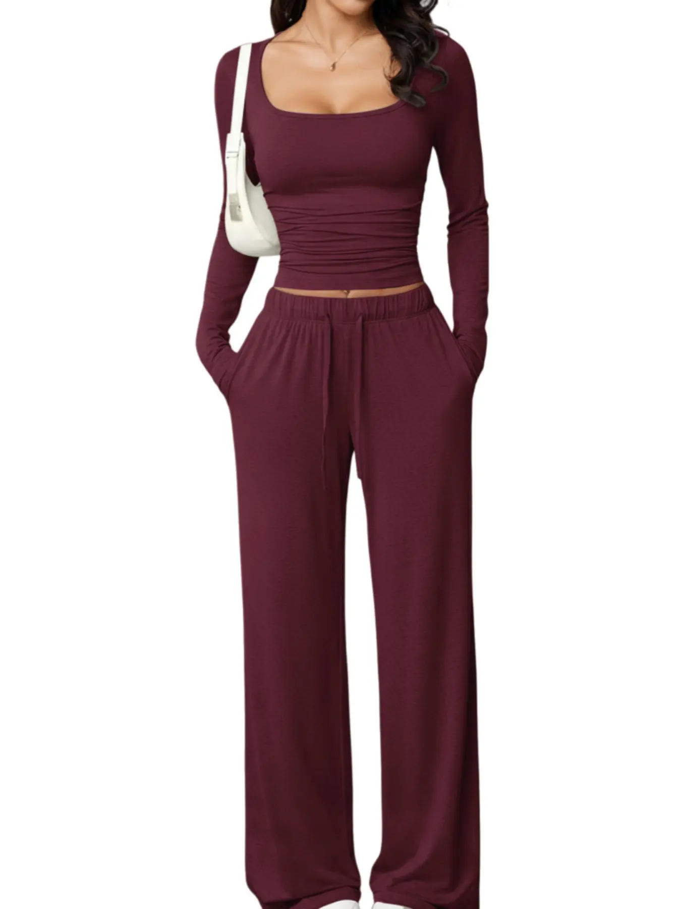 New Women's 2-Piece Square Neck Long Sleeve Top with Adjustable Drawstring and Pockets, Wide Leg Pants Set, Matching Set Outfit, Casual Fashion Home Wear Clothes Womenswear