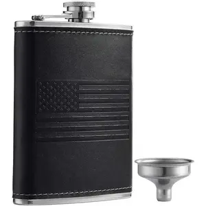 Stainless Steel American Flag Flask, Soft Touch Cover Liquor Flasks 8oz |   Leak Proof Black PU Leather Heavy Duty Hip Set, Includes Funnel