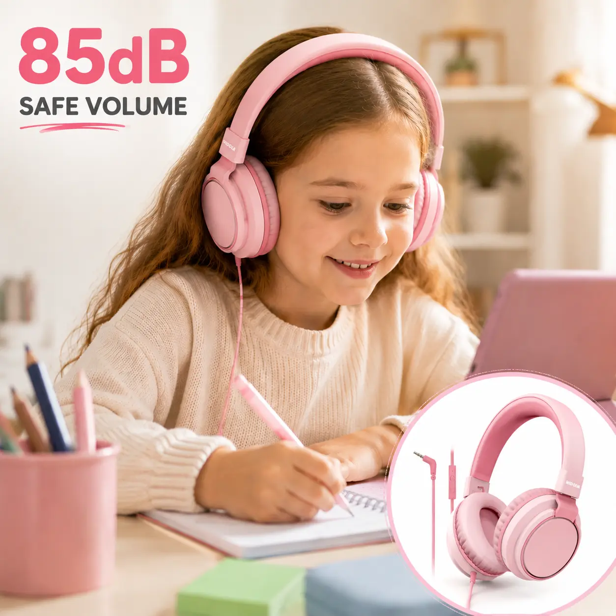 Safe Kids Headphones 85dB Volume Limit – Hearing Protection Wired Headset with Microphone for School & Online Learning