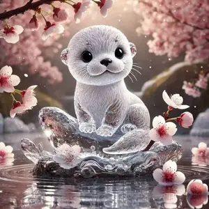 Cute Crystal Otter with Cherry Blossoms & Water Ripples 5D Full Drill Diamond Painting Kit, Crystal Rhinestone Embroidery, Serene Spring Floral Wall Decor, DIY Craft for Home Living Room, Art & Craft Enthusiasts