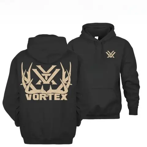 Men's Vortex Deer Antler Graphic Long Sleeve Hoodie - Black Ribbed Hunt Gear with Kangaroo Pocket, Chest Emblem, Large Back Print, Hem, Outdoor Casual Sweatshirts for Deer Hunters, Fall Camping