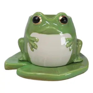 Whimsical Green Toad Frog On Lily Pad Ceramic Essential Oil Warmer Candle Holder