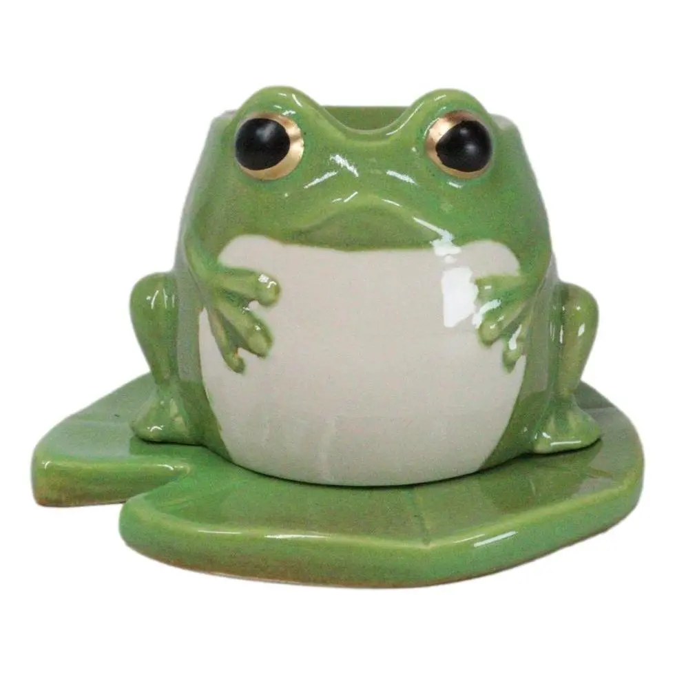 Ceramic Essential Oil Warmer Candle Holder - Shiny Green Toad Frog on Lily Pad Base, 1.5 lb Aromatherapy Scent Diffuser Fragrance Diffuser Freshener, 3.75in High 5.5in Deep 6in Wide Kitchen Decor Gift Item