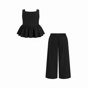 Cider Linen-blend Square Neck Ruffle Hem Tank Top & Wide Leg Trousers Set Curve & Plus