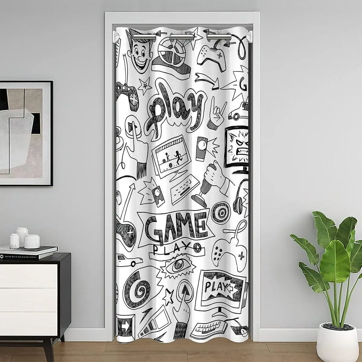 Gaming Doorway Curtain,Gamepad Cartoon Door Curtain Video Games Gamers Blackout Hip Hop Graffiti Racing Car Black White Printed Bedroom Closet Decor,34/inchW X 80/inchL