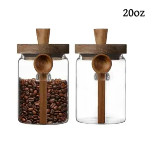 Set of 2 Coffee Jars, Tea Canister Glass Food Storage Jar with Wood Lid and Spoon Airtight Sealed Clear Canister Kitchen Storage Jar Container for Coffee Bean Loose Tea Nuts Coffee Sets Stock Up Value Pack