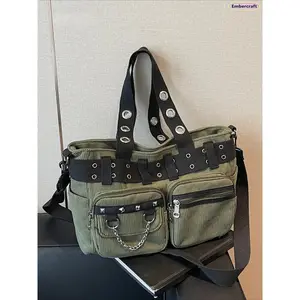Women's Punk Studded Crossbody Leather Bag - Oversized, Athletic, Chain-Detail Multi-Pocket Edgy Lightweight Purse for Commuting, Shopping (Oversized Crossbody Bag)
