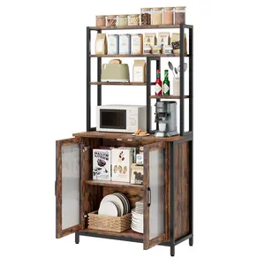 5 Tier Bakers Rack with Cabinet and Microwave Stand 63.78 Inch, Standing Bakers Rack with Door, Tall Coffee Bar Home Bar Cabinet with Hooks, Large Baker Rack Coffee Bar Station for Kitchen