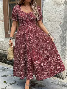 Women's Plus Size Floral Long Dress, Elastic Waist Square Neck Design, Casual Wear, Comfortable Fit, All over Print, Loose Style
