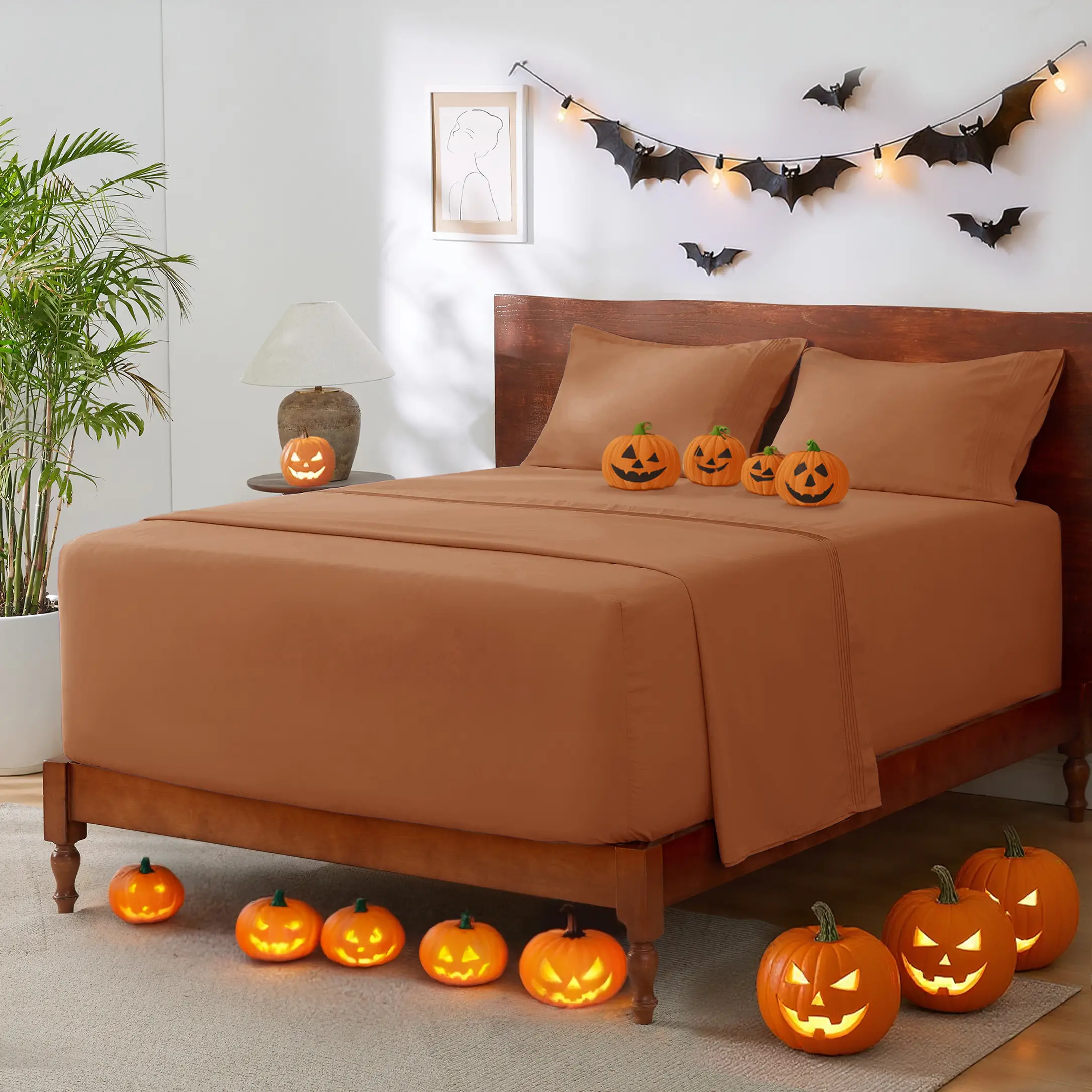 Bedsure Deep Pocket with Band Sheets Set 4 Pieces Halloween Pumpkin Caramel, Fit for Tall Mattresses 14-21'', Soft, Breathable, Cooling&Machine Washab