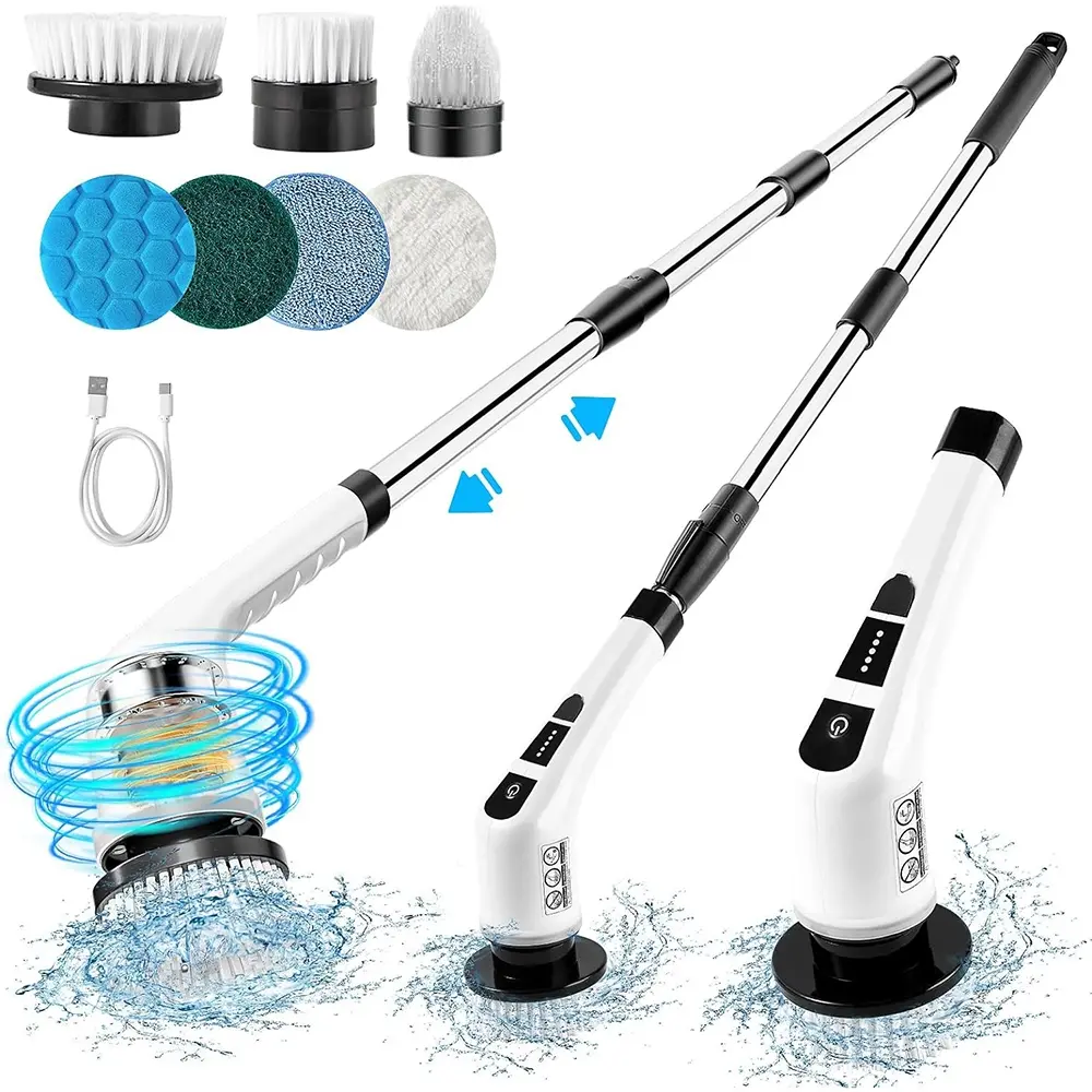 Electric Spin Scrubber, 1 Count USB-C Rechargeable Wireless Handheld Cleaning Brush with 7 Replaceable Heads, Adjustable Handle Electric Rotating Scrubber for Bathroom, Floor, Tile, Bathtub