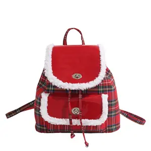 Red Plaid Plush-Decorated Backpack Women's Preppy Style Cute Student Schoolbag Travel Casual Bag with Buckle Closure