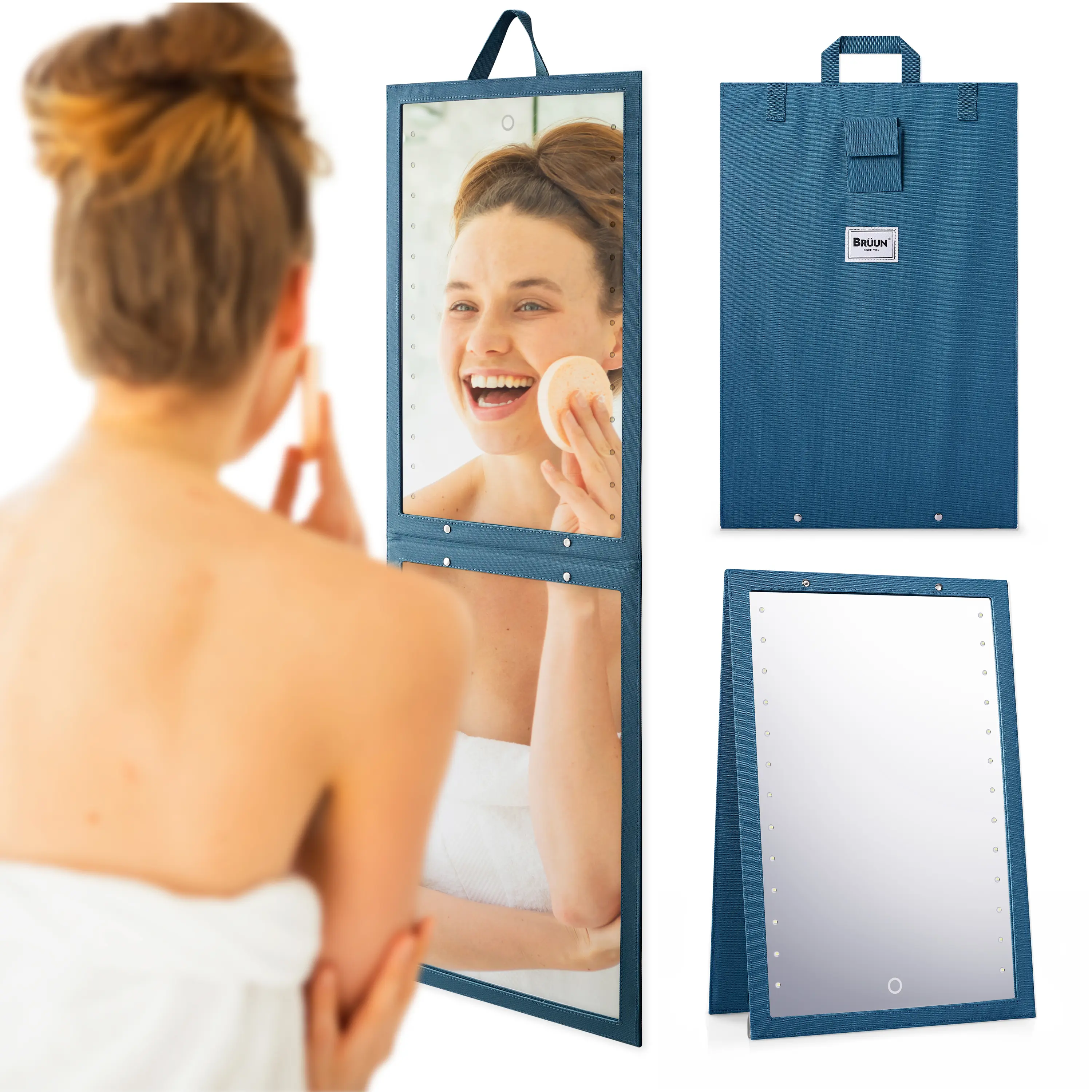 BRÜUN Foldable Mirror with Dimmable LED Light for Luminous View – A (13.6 x 43.5 Inches) Green Hangable Backstage Mirror with Touch Control Power Button for Dancers and Artists at Home, Spa or Event