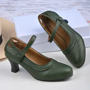 Women's Plus Size Retro Mary Jane Kitten Heels - European-Inspired Geometric Design, Fan-Shaped Toe, Adjustable Ankle Strap with Button Closure, Cushioned PU Cover, Non-Slip Rubber Sole, All-Season Shoe Footwear for Weddings, Parties (Brown)