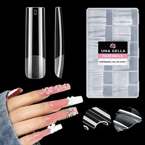 UNA GELLA 216PCS Clear Soft Gel Long Square Nail Press on Nails, 12 Sizes Full-Half Cover Pre-Filed Pre-Built Acrylic Extensions, No C Curve Flat-Friendly Transparent Fake Tips for DIY Salon Manicure TikTok Supplies summeressentials