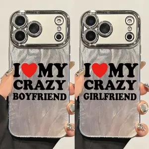 I Love My Crazy Boyfriend / Girlfriend Pattern Phone Case for iPhone 17 Pro Max 17Air 16 Plus 15 14 13 12 11 Fashionable Silver Brushed Texture Shockproof Protective Casing Cover