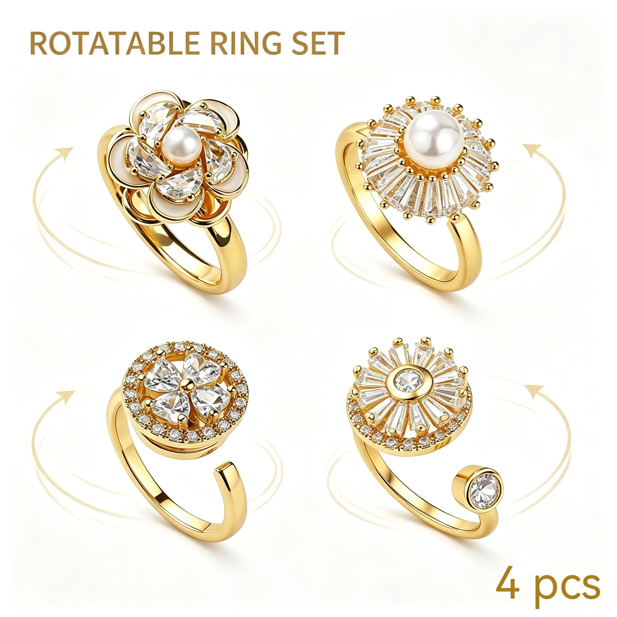 Anxiety Relief Fidget Ring for Women, 4 Pack Adjustable Spinner Rings with CZ, Rotatable Stress Relief Fidget Rings for Calming & Daily Wear