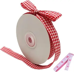 Red and White Gingham Ribbon, 5/8" x 25Yd Roll for Crafts, Hair Accessories, Christmas Gift Wrapping, Polyester Woven Edge, Picnic Craft Ribbon