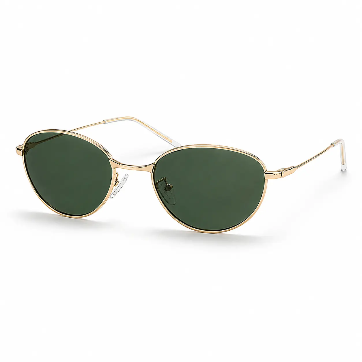 Women’s Vintage Oval Sunglasses with Green Tinted Lenses, Thin Gold Metal Frame, Retro Old Money Style Shades