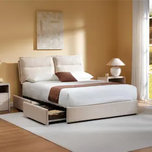 ModernMate Queen Size Bed Frame, Upholstered OEKO-TEX Fabric Bed Frame with 4 Storage Drawers, Adjustable Headboard with Dual Cushions, Noise-Free Wooden Slats Support, Beige, Bed Frames
