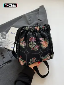 Women's Floral Print Drawstring Design Bucket Bag, Fashionable Crossbody Bag for Daily Life, Everyday Bag, Fashionable Patterned Bag, Casual Trendy Versatile Vintage Commuting Bag for Women & Girls, Fashionable Shoulder Bag