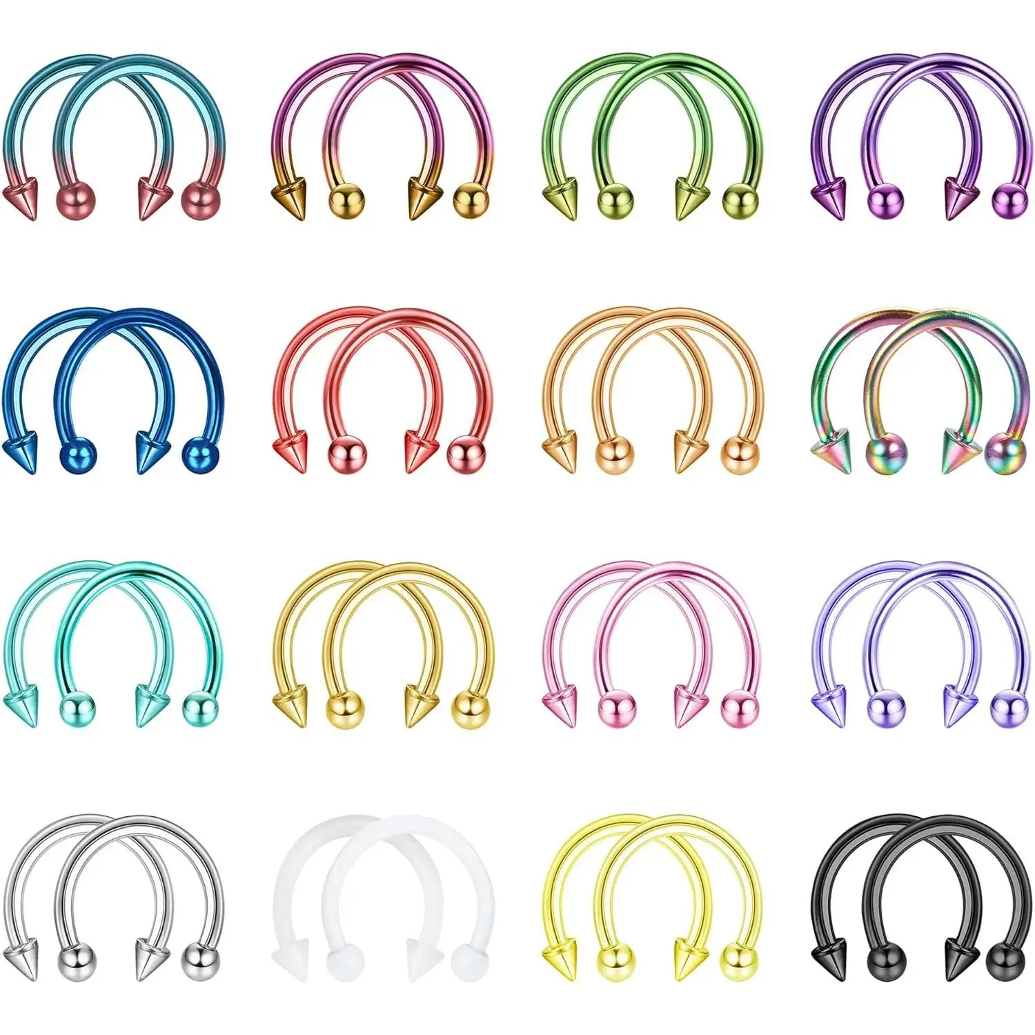 FLORIDECO 32Pcs 16G Horseshoe Nose Septum Rings Surgical Steel Eyebrow Tragus Lip Rings Daith Helix Cartilage Piercing Jewelry for Women Men Balls & S