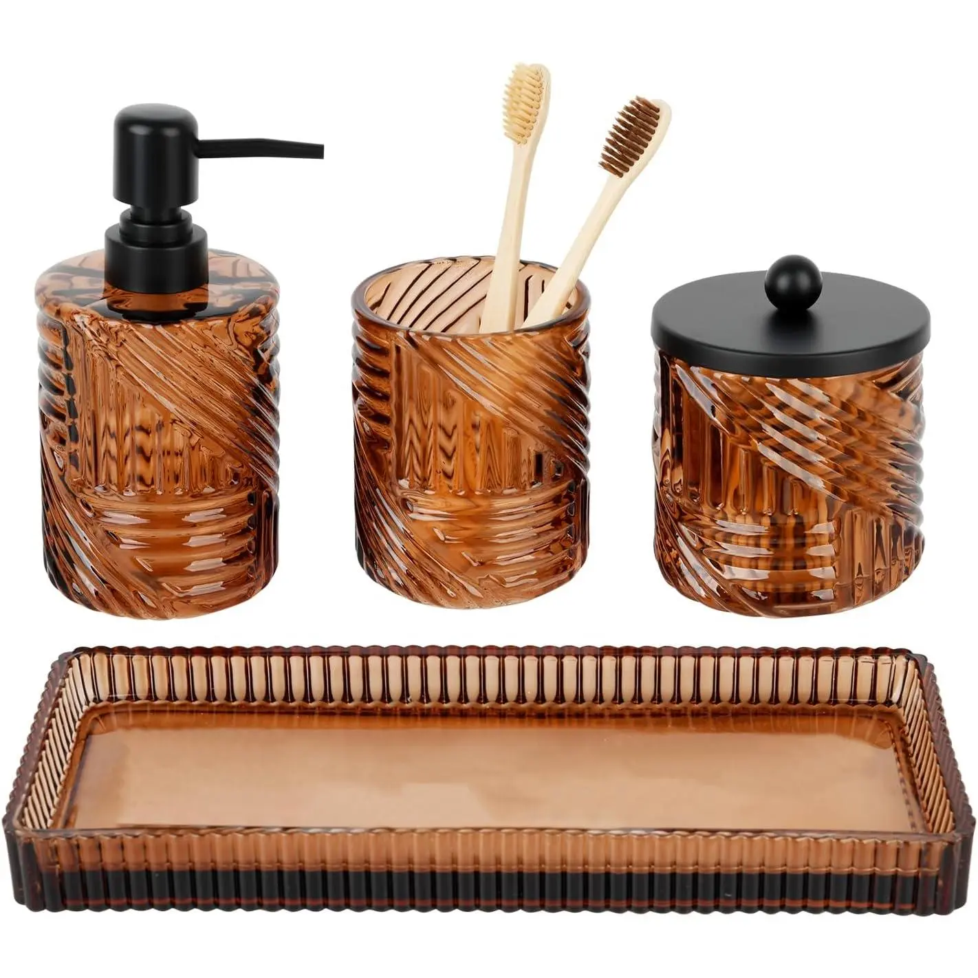 Bathroom accessory set, 4-piece amber glass bathroom accessories, including lotion soap dispenser, toothbrush holder, cotton swab holder, and vanity tray, bathroom countertop vanity organizer