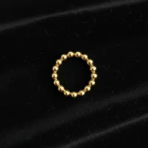14K Gold-Filled Beaded Stretch Ring 4mm Initial-Inspired Stylish Jewelry for Women, Personalized Look, Artificial Stretch Design, Ideal Everyday Fashion Accessory