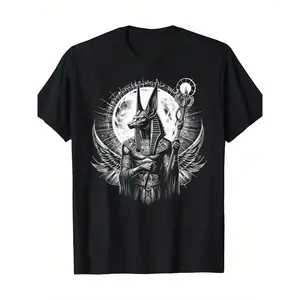 Men's 100% Cotton Anubis Ancient Egyptian God Print T-Shirt, Round Neck Short-Sleeved, Breathable Sweat-Absorbing, Comfortable for Outdoor Holiday Sports, Vintage Metalcore Graphic Y2K Outfit Gift Casual Streetwear Crewneck Menswear Tshirt