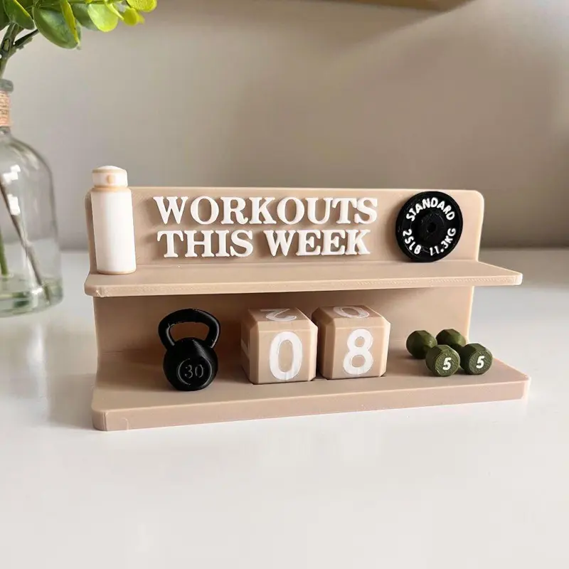 Tan Workout Counter with 2 Mini Accessories & Black Lifting Plate for Consistent Weekly Motivational Gym Fitness Tracking 5.5"x2"x2.5"
