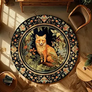Round Fox Pattern Floor Mat, 1 Count Non-slip Soft Floor Carpet, Decorative Area Rug for Home Living Room Bedroom, Round Floral Rug, Unique Rugs